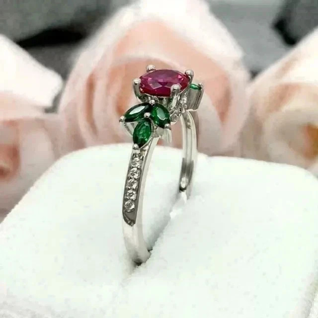 Sterling Silver Floral Design Pink Round & Emerald Green Stone Ring for Women