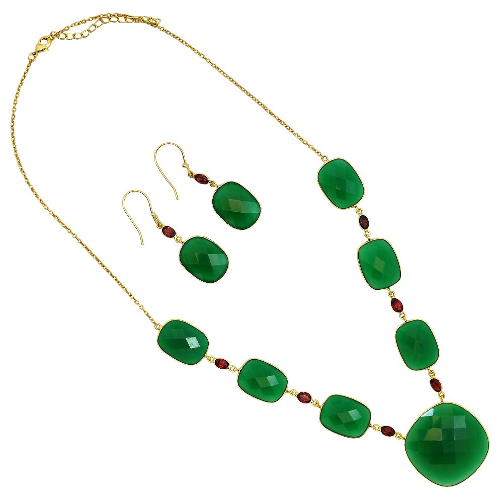 18K Gold Over Brass Green Onyx & Garnet Necklace Earrings Jewelry Set TT01007