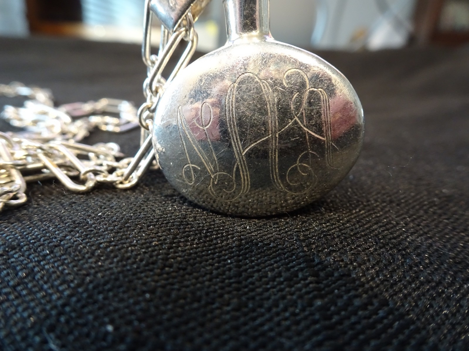 #600–VINTAGE MEXICO STERLING SILVER PERFUME PENDANT WITH INITIALS AND CHAIN-925