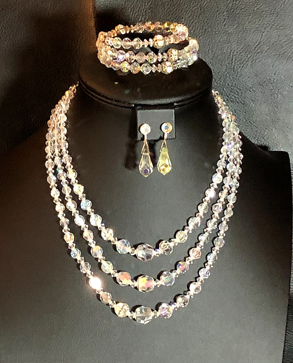 Vintage AB Crystal Bead Multi-Strand Necklace Earrings Bracelet Full Set 6139