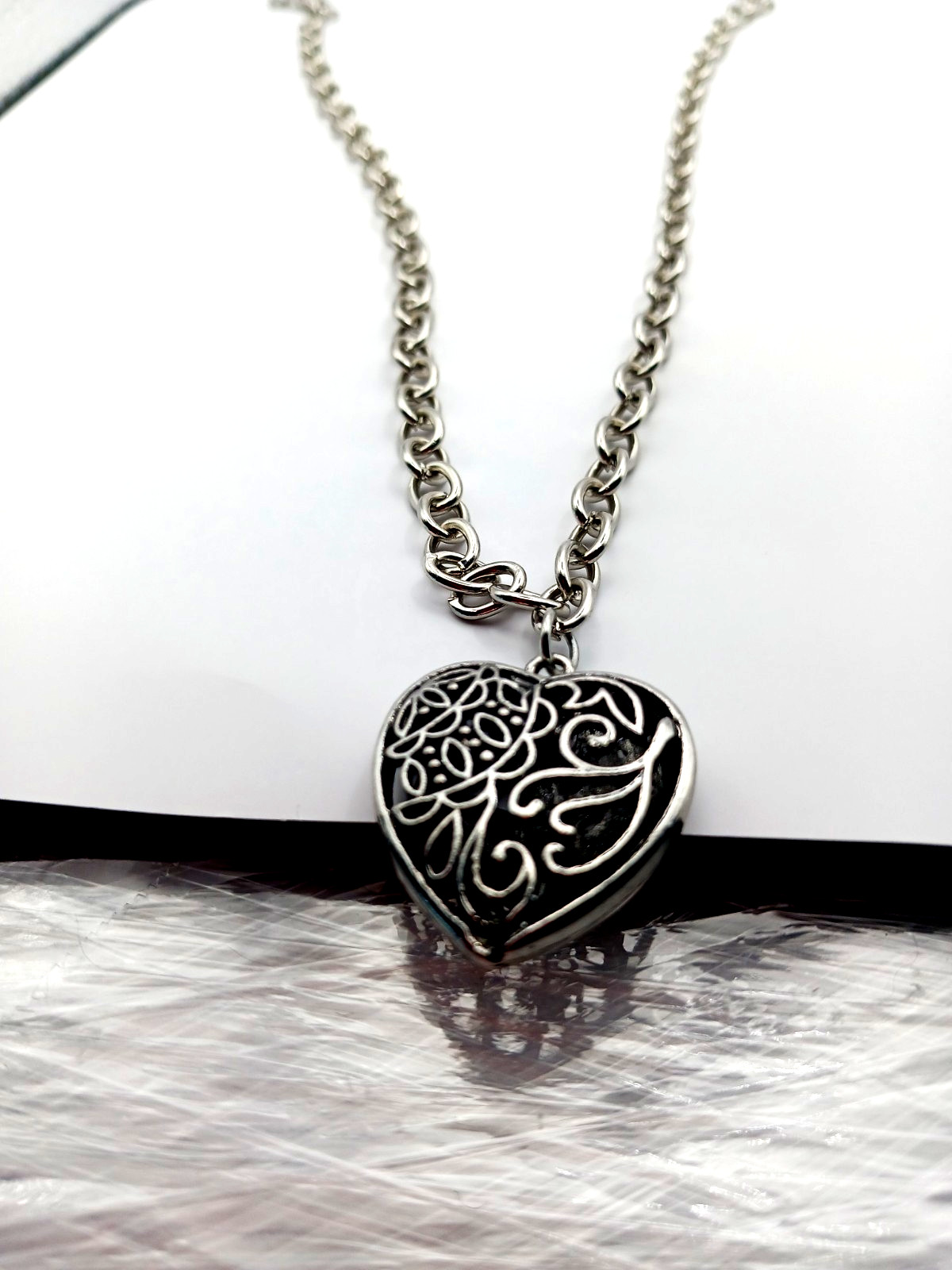 Black + Silver Gothic Heart Pendant with Silvertone Chain 21 Inches