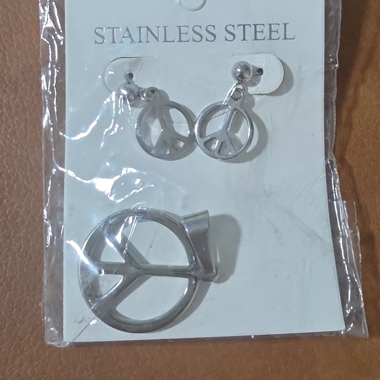 Stainless Steel Silver Peace Sign Necklace Pendant & Dangle Earrings Set