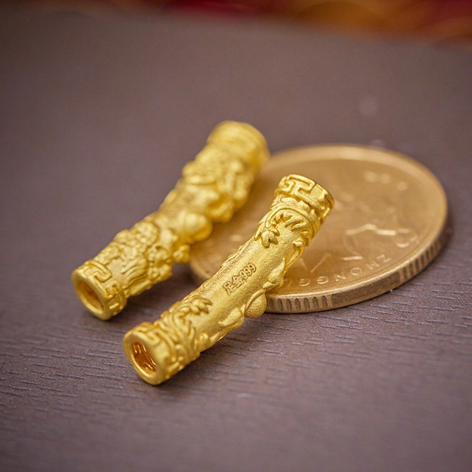 1PCS Pure 999 24K Yellow Gold Bead Lucky Dragon Phoenix Long Tube Bend Pendant