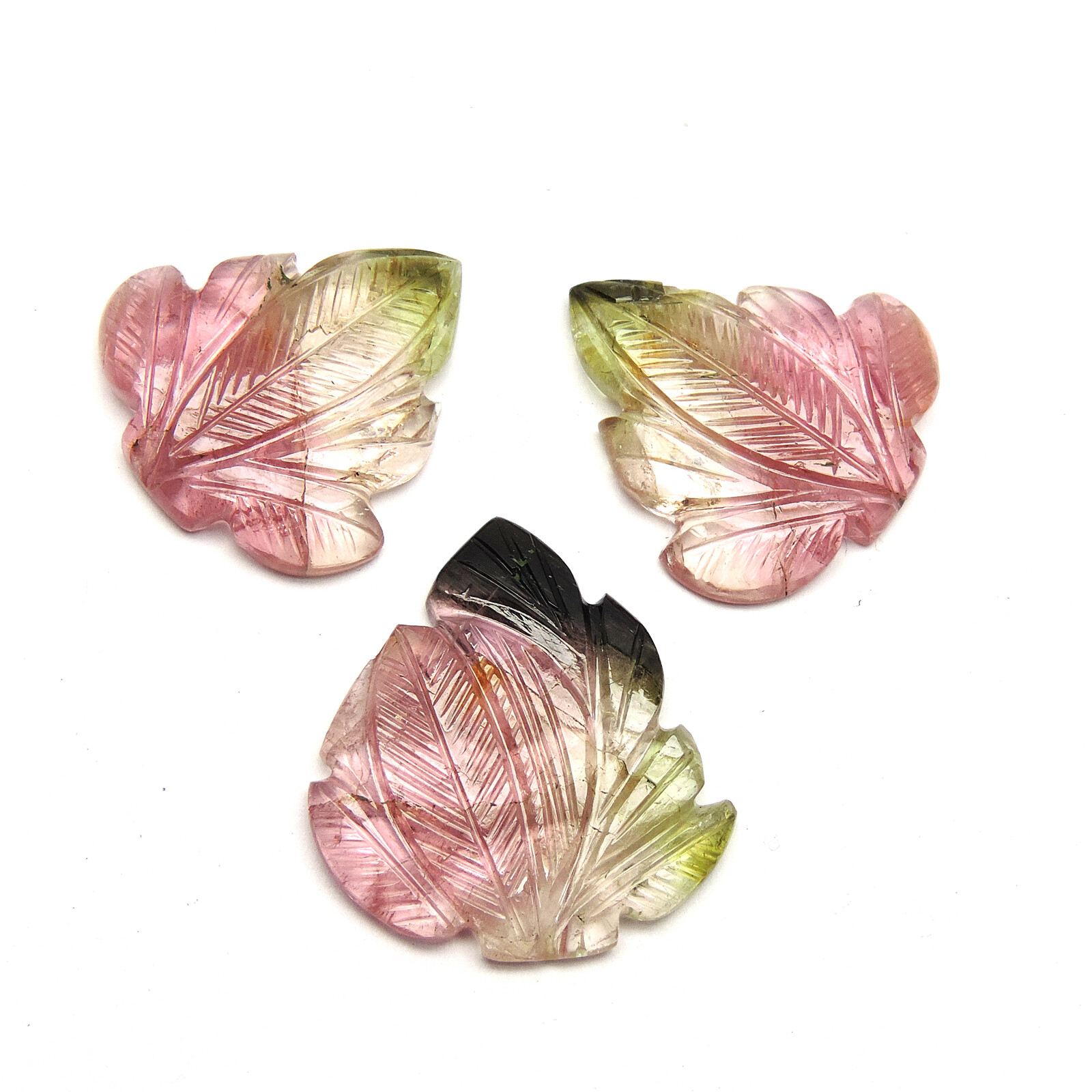 Huge Bi colour watermelon Tourmaline gemstone Leaf carving 3 pcs set,
