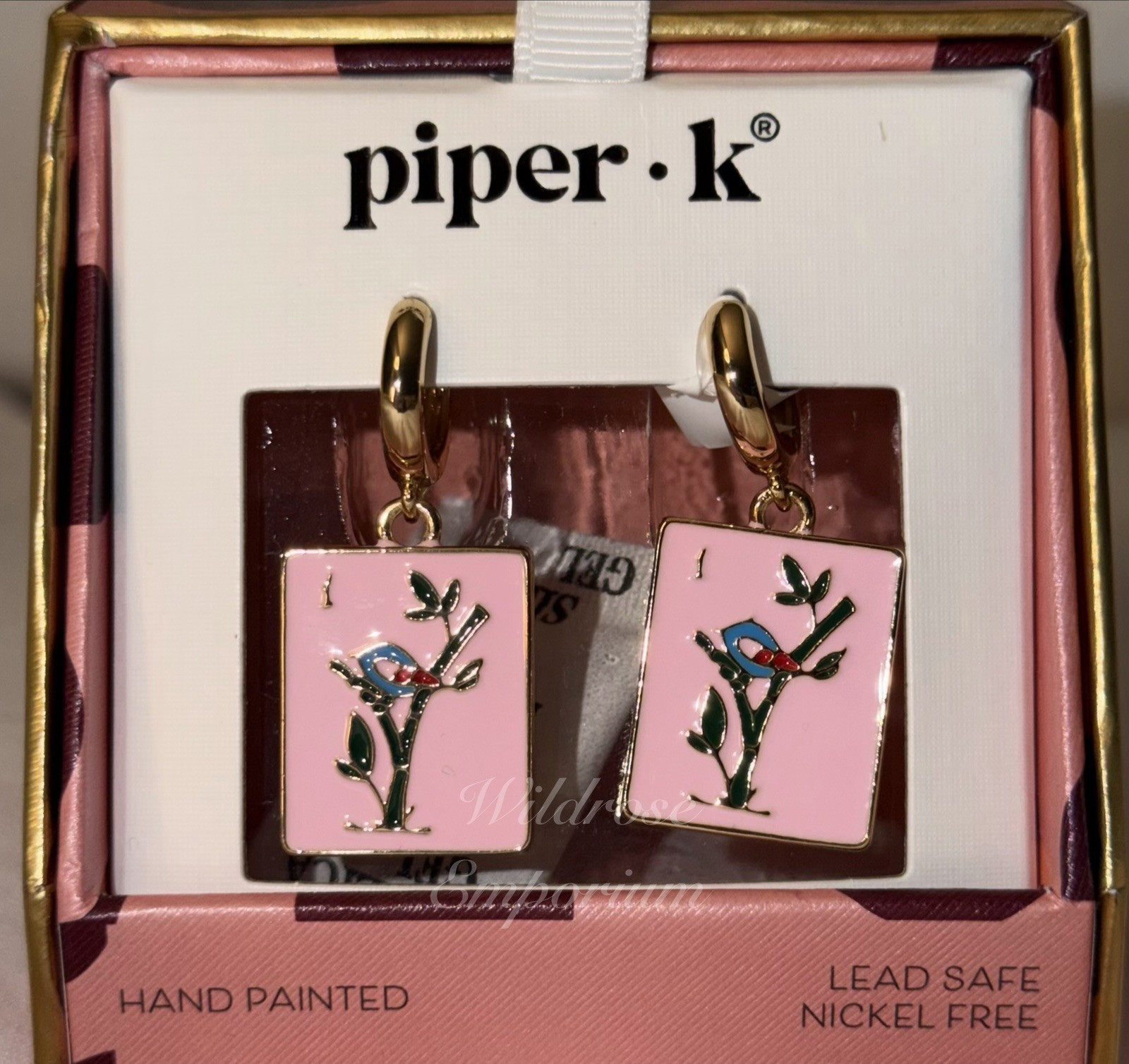 Piper K whimsical pink mahjong game tile motif enamel Huggie hoop earrings
