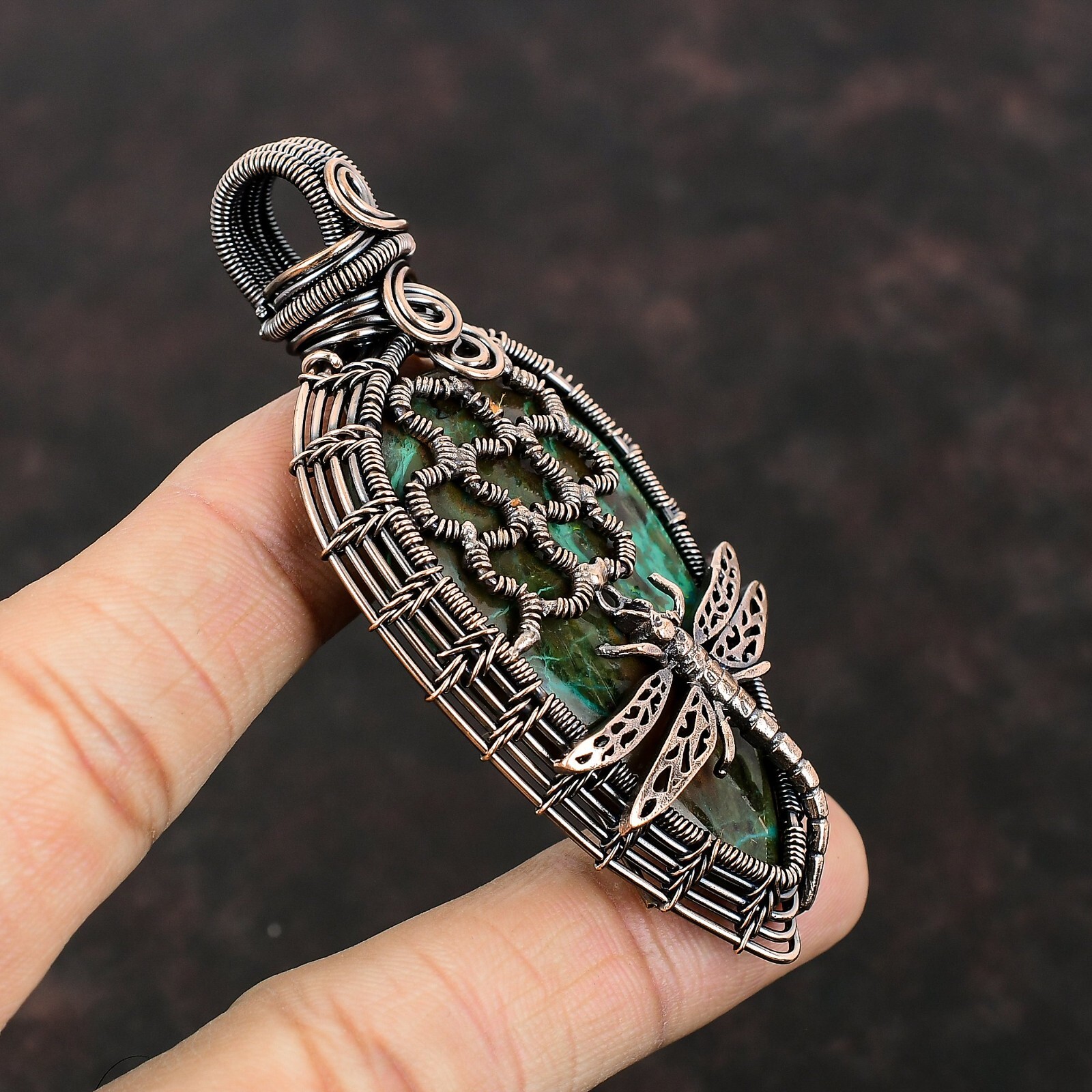 Gift Wire Wrapped Honeycomb And Dragonfly Pendant Copper Chrysocolla 3.23″