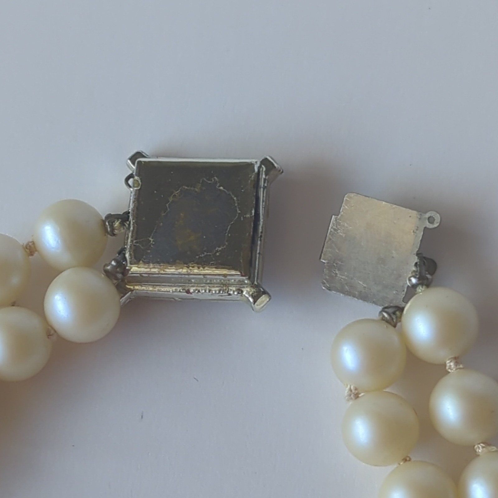 Vintage Double Strand White Pearl Beaded Strand Choker w/ Rhinestone Box Clasp