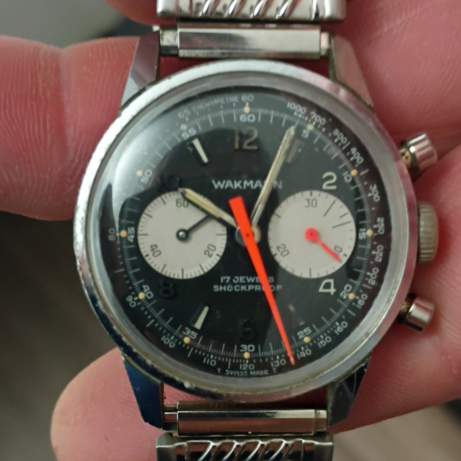 Wakmann Men’s Chronograph Tachymeter Shock-Resistant 17J Black Dial SS