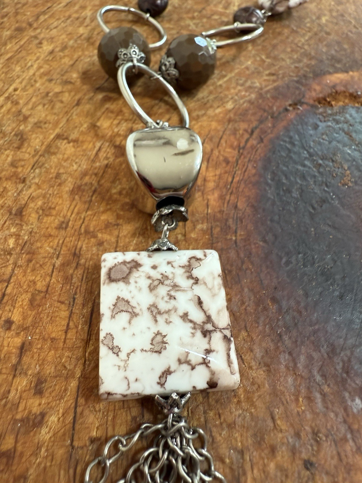 Silver Tone Boho Beaded Lariat Necklace Square Tassel Pendant Adjustable