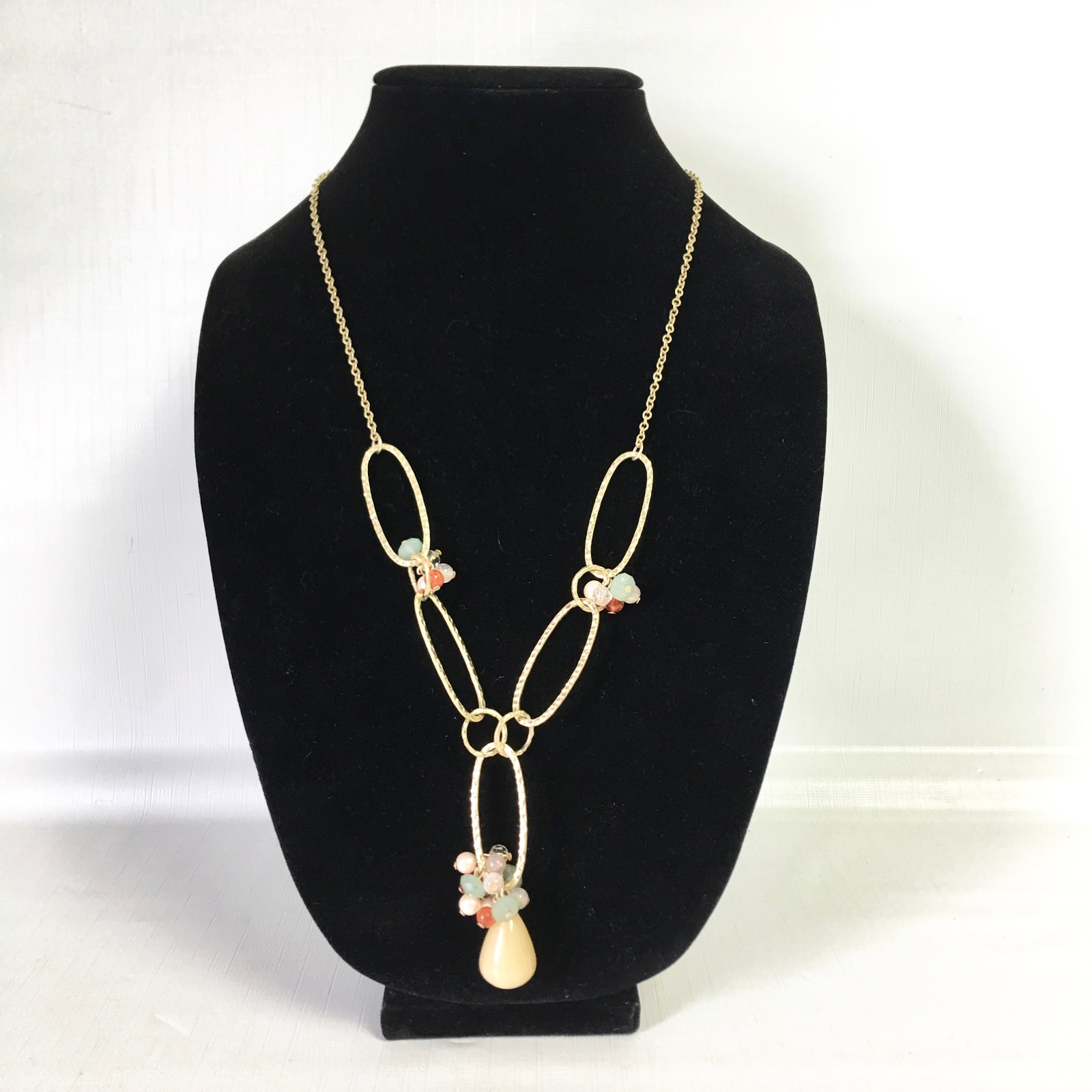 Lydell NYC Necklace Gold Tone Link Chain Beaded Ivory Peach Green 26″