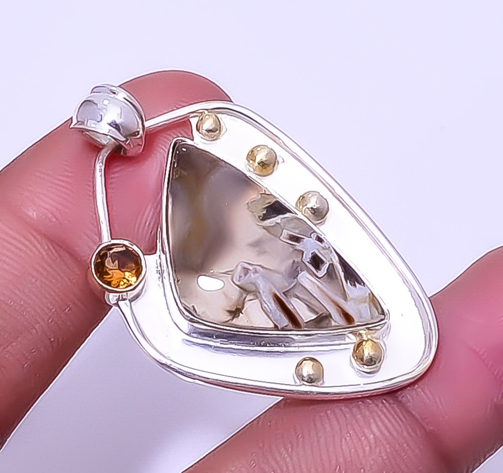 Stick Agate & Smoky Quartz 925 Sterling Silver Two Tone Pendant 1.76″ A330