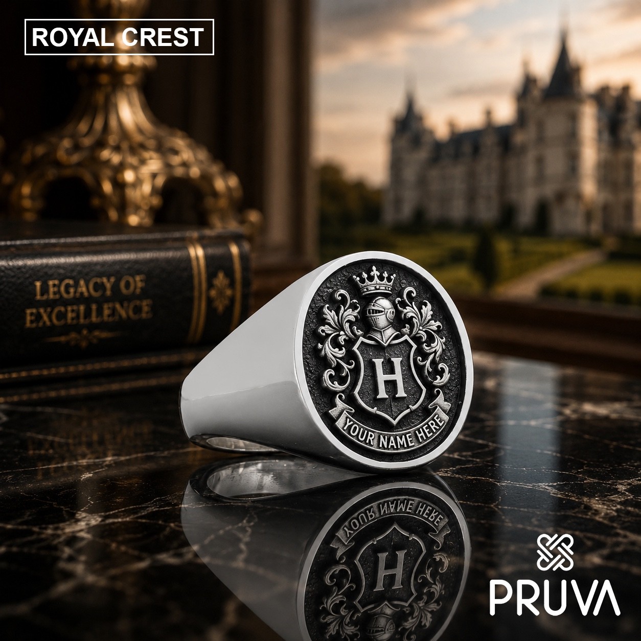 Custom Men’s Signet Ring Personalized 925 Sterling Silver PRUVA Royal Crest 018