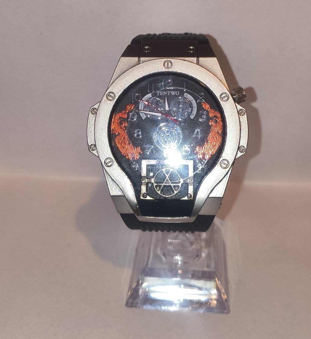 Tendence Quartz Analog Watch Skeleton Dial Black/Red Arabic, 47mm 30m