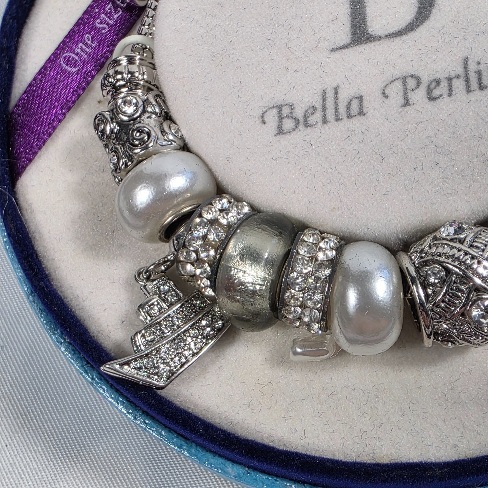 Bella Perlina Silver-Tone Charm Bracelet White Pearl Beads Crystal Accents NEW