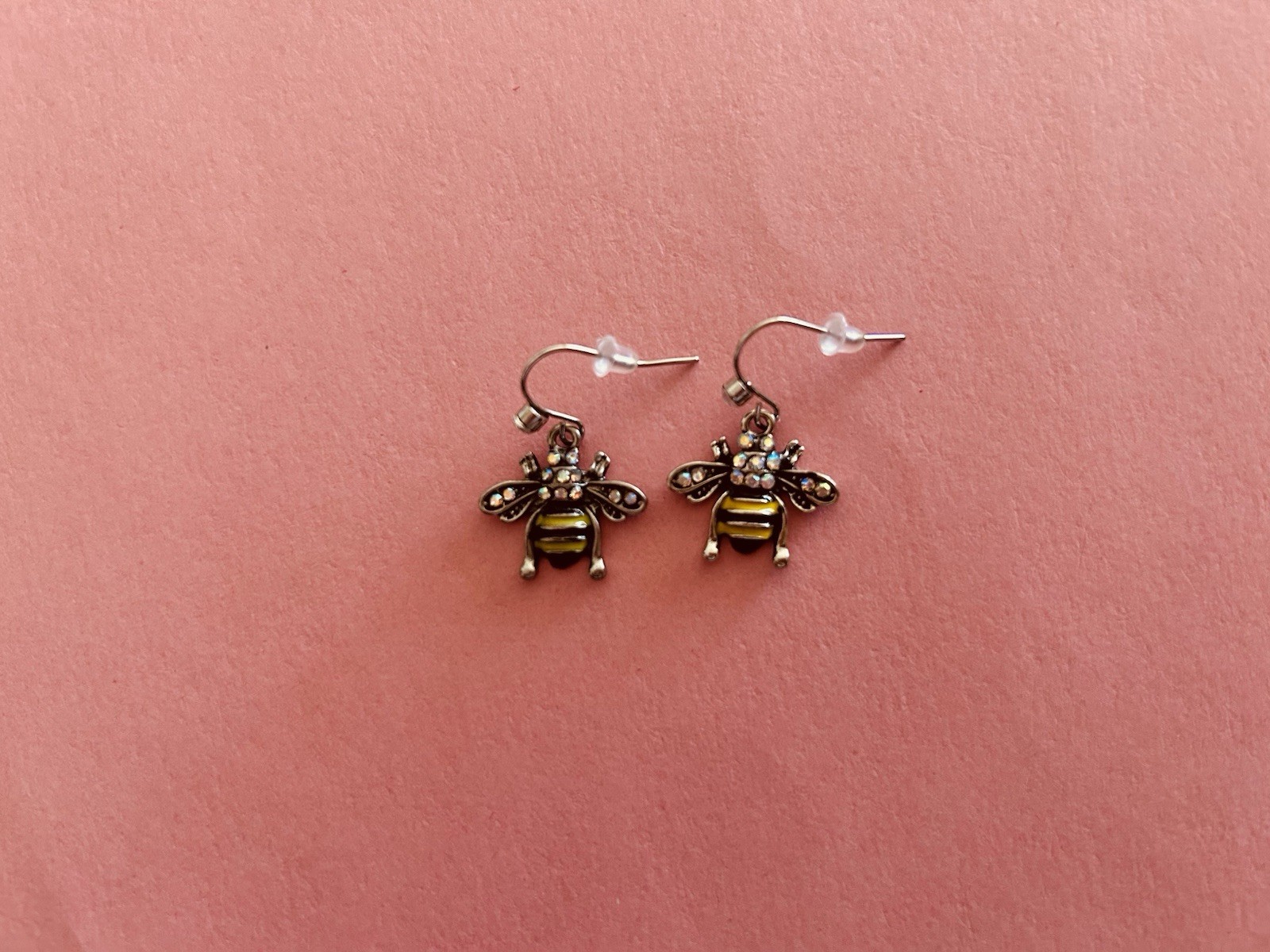 black, yellow & white bee drop earrings on French silver tone wires new!