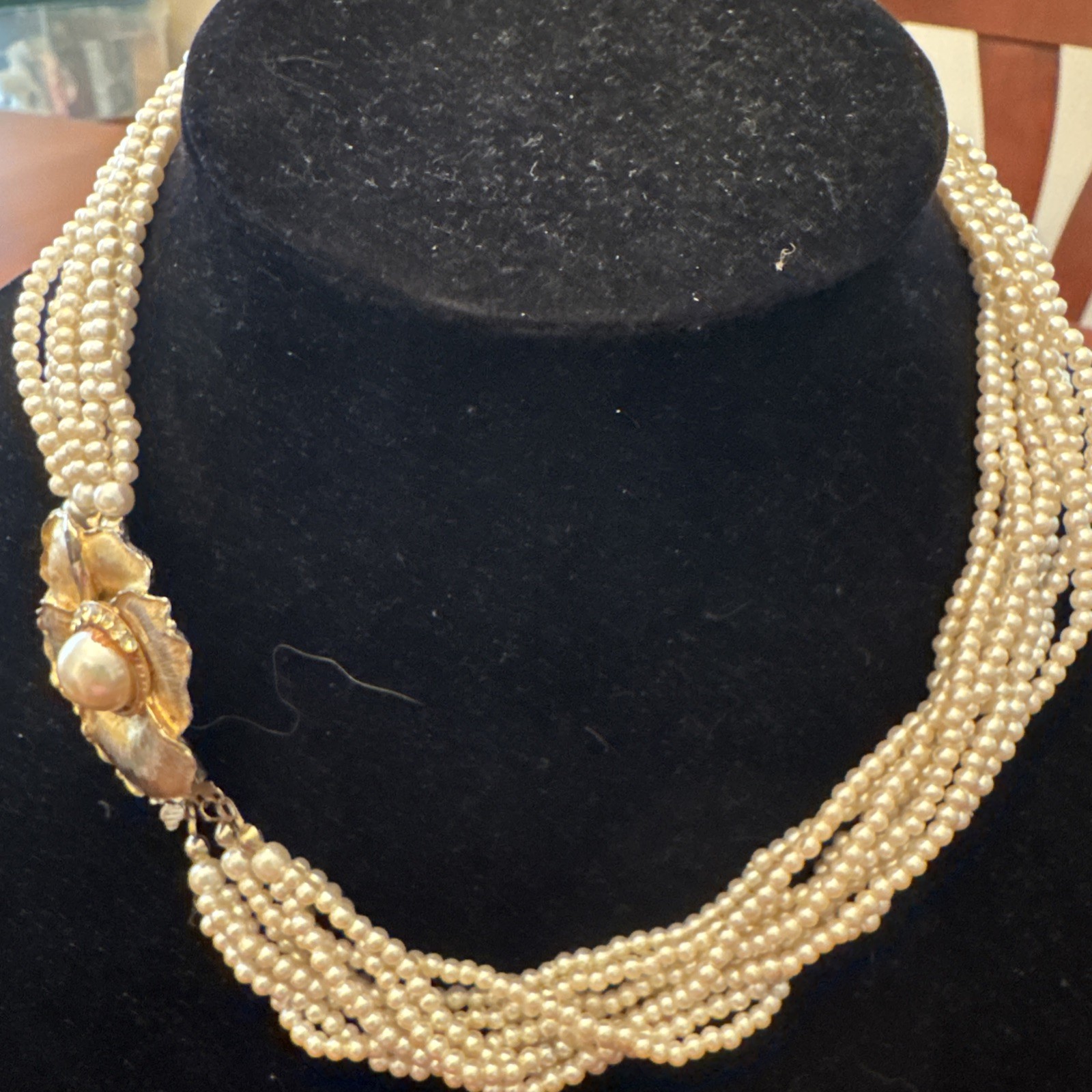 Vintage 9 Strand 18” Faux Pearl Necklace Gold Tone Flower Clasp 339