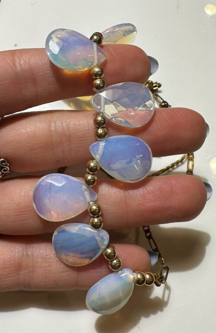 Vintage Carved Faceted Teardrop Opal Glass Pendant Charm Gold t 19″ Necklace DA5