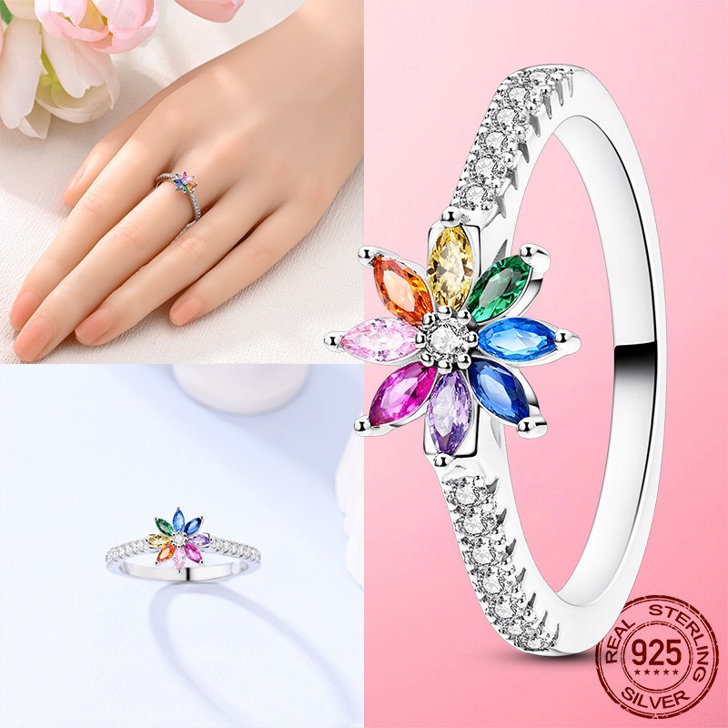 LAZA Original 925 Sterling Silver Ring CZ Hope Rainbow Flowers for Women Jewelry