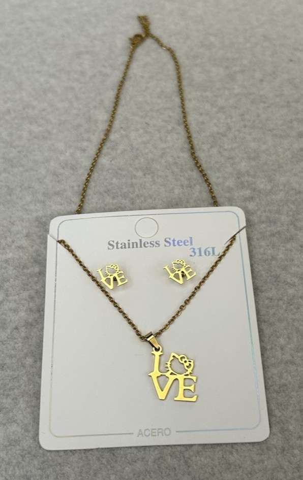 Set of Hello Kitty Love Inspired Necklace Gold Stainless Steel 17 ” & Earrings