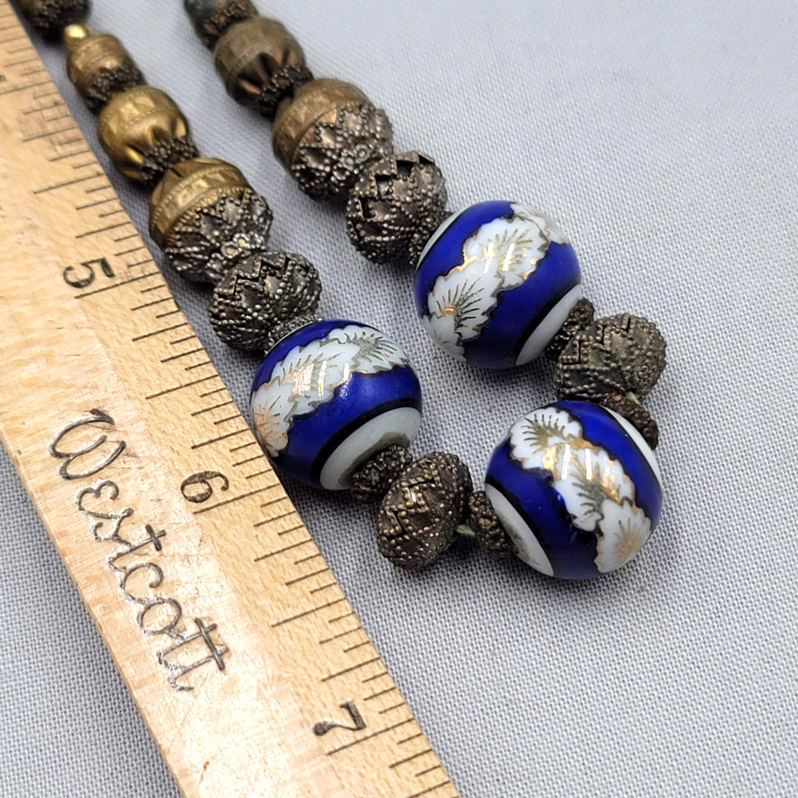 Antique Necklace Enamel Ceramic Filigree 15 in