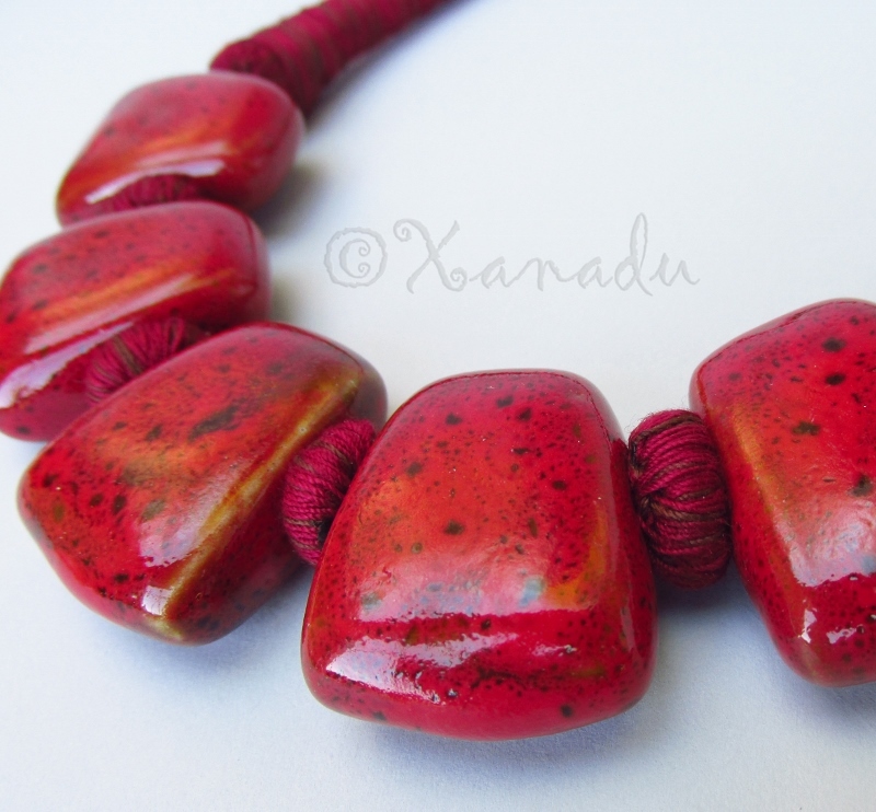 Crimson Red Porcelain Necklace With Eclectic Maroon Red Cotton Thread Chain