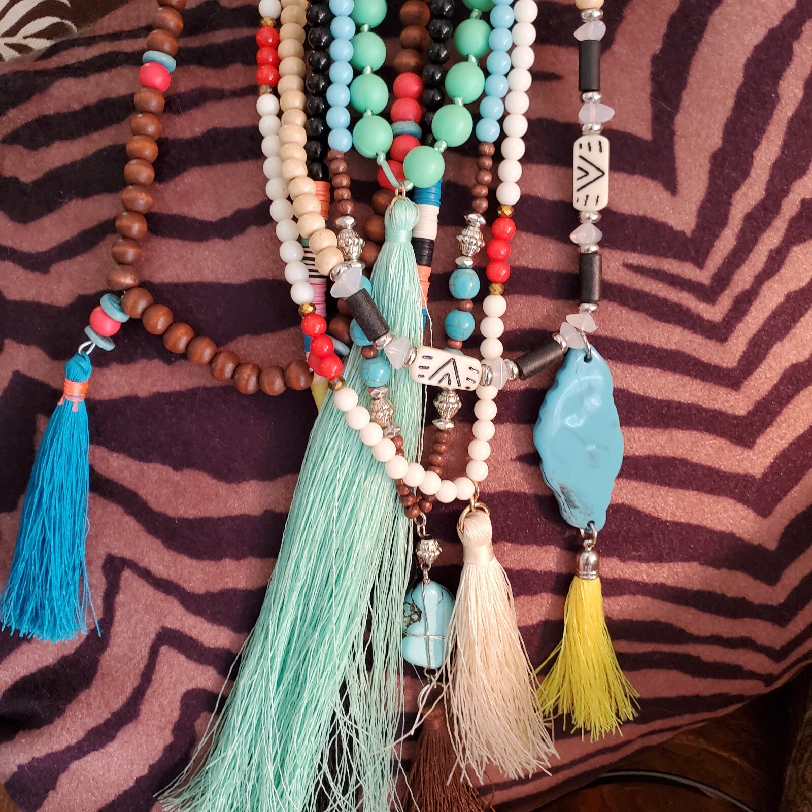 6 Beaded Tassel Necklaces – Wood & Faux Turquoise & Bone & Shell Multicolor Long