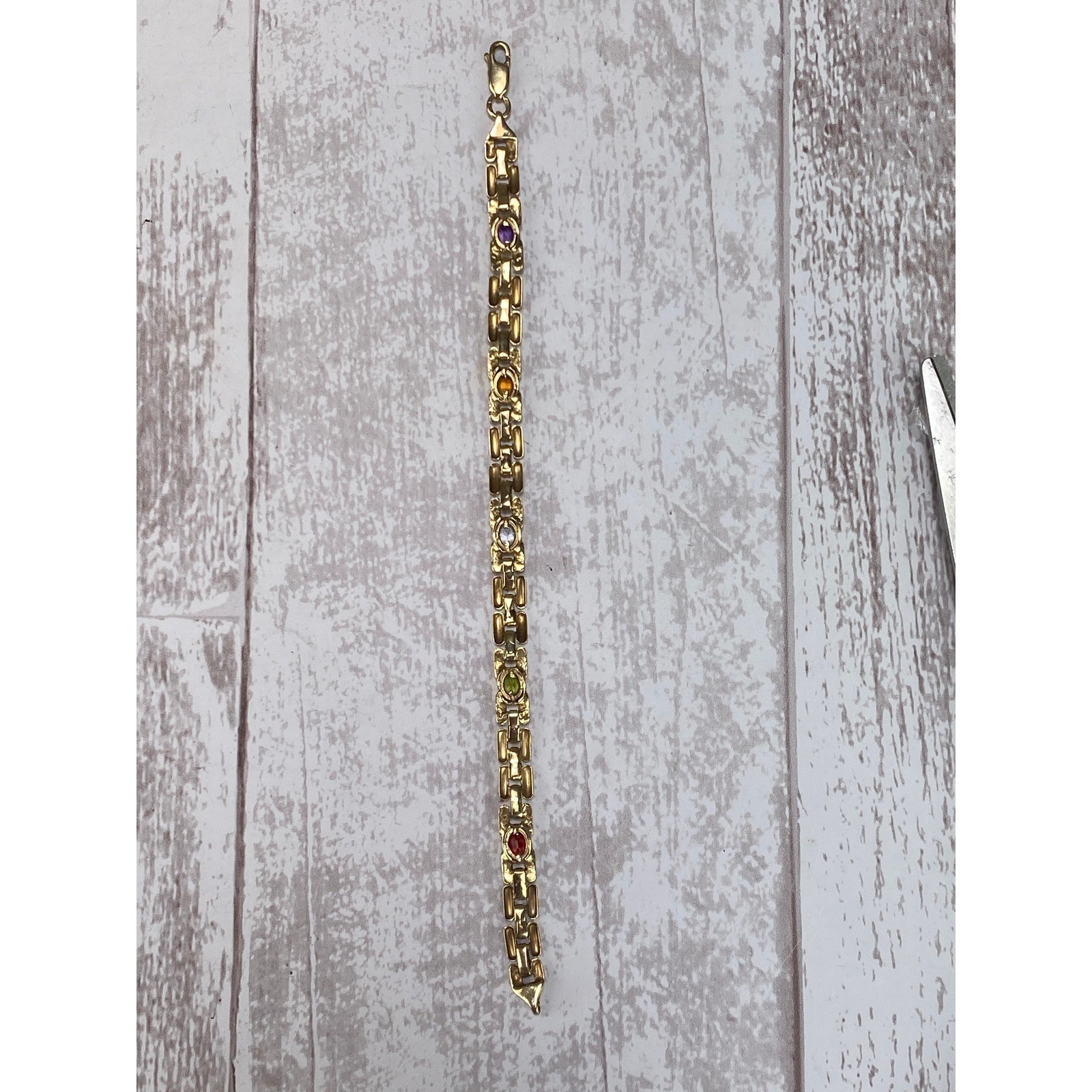 Estate 14k Yellow Gold Panther Link Multi Gemstone Rainbow Bracelet 7.25in