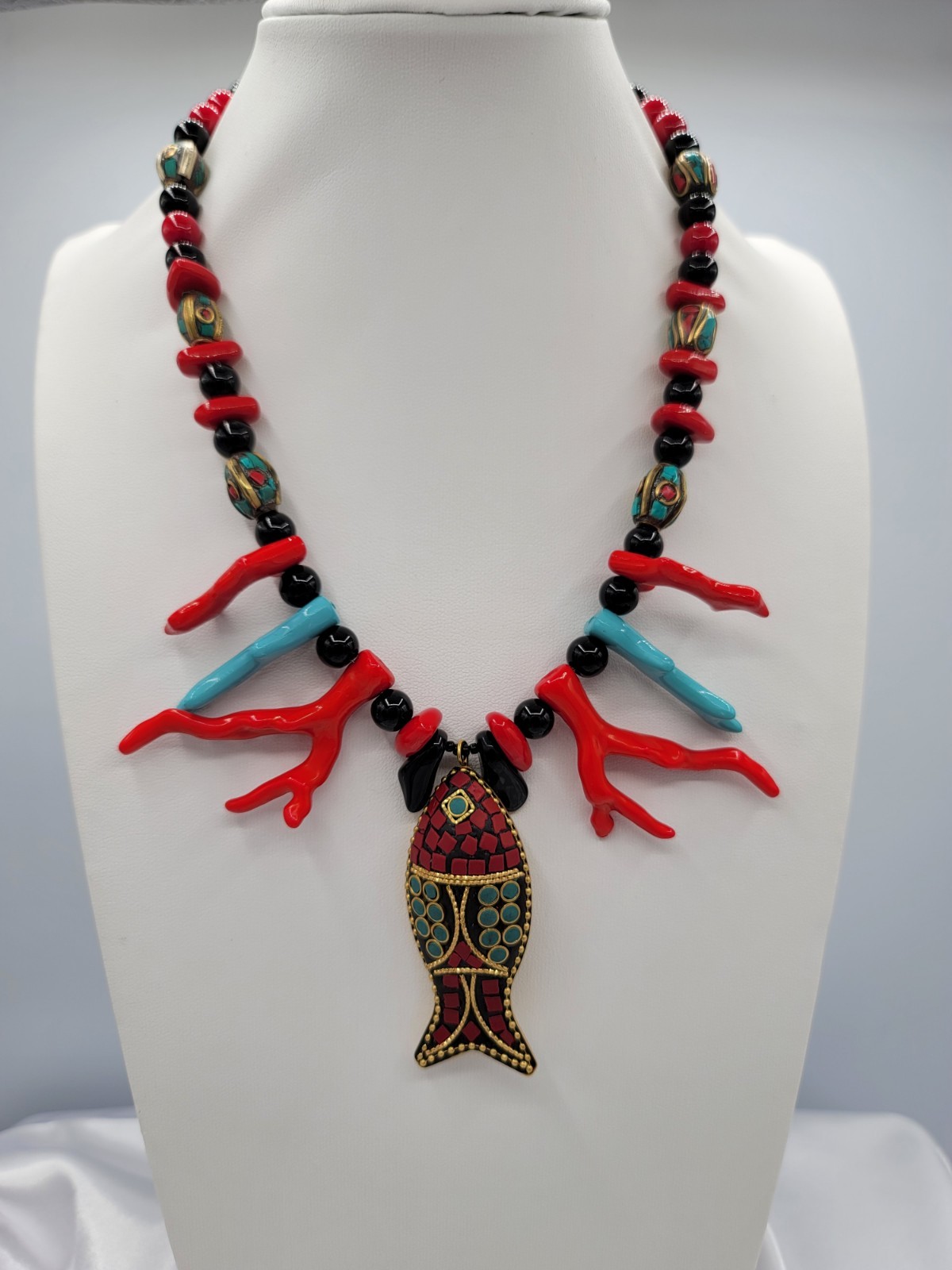 Red Turquoise Black Gold Beaded Necklace Fish Charm Pendant Lobster Clasp