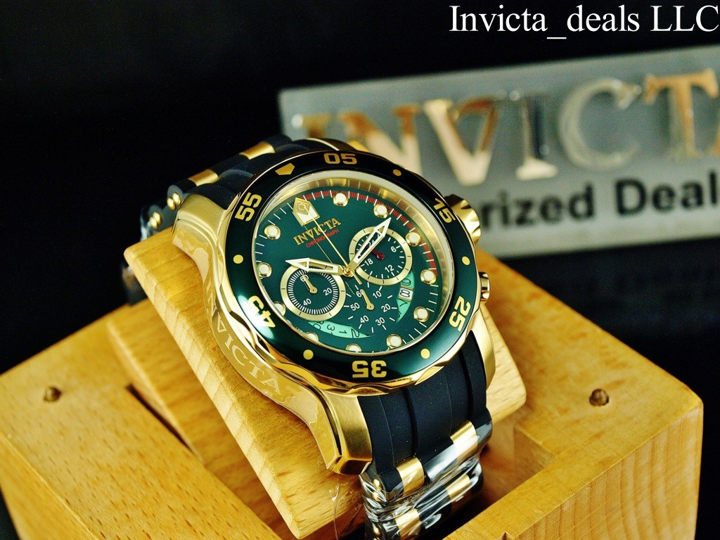Invicta Men’s 48mm PRO DIVER SCUBA Chronograph GREEN Dial Gold Tone SS Watch