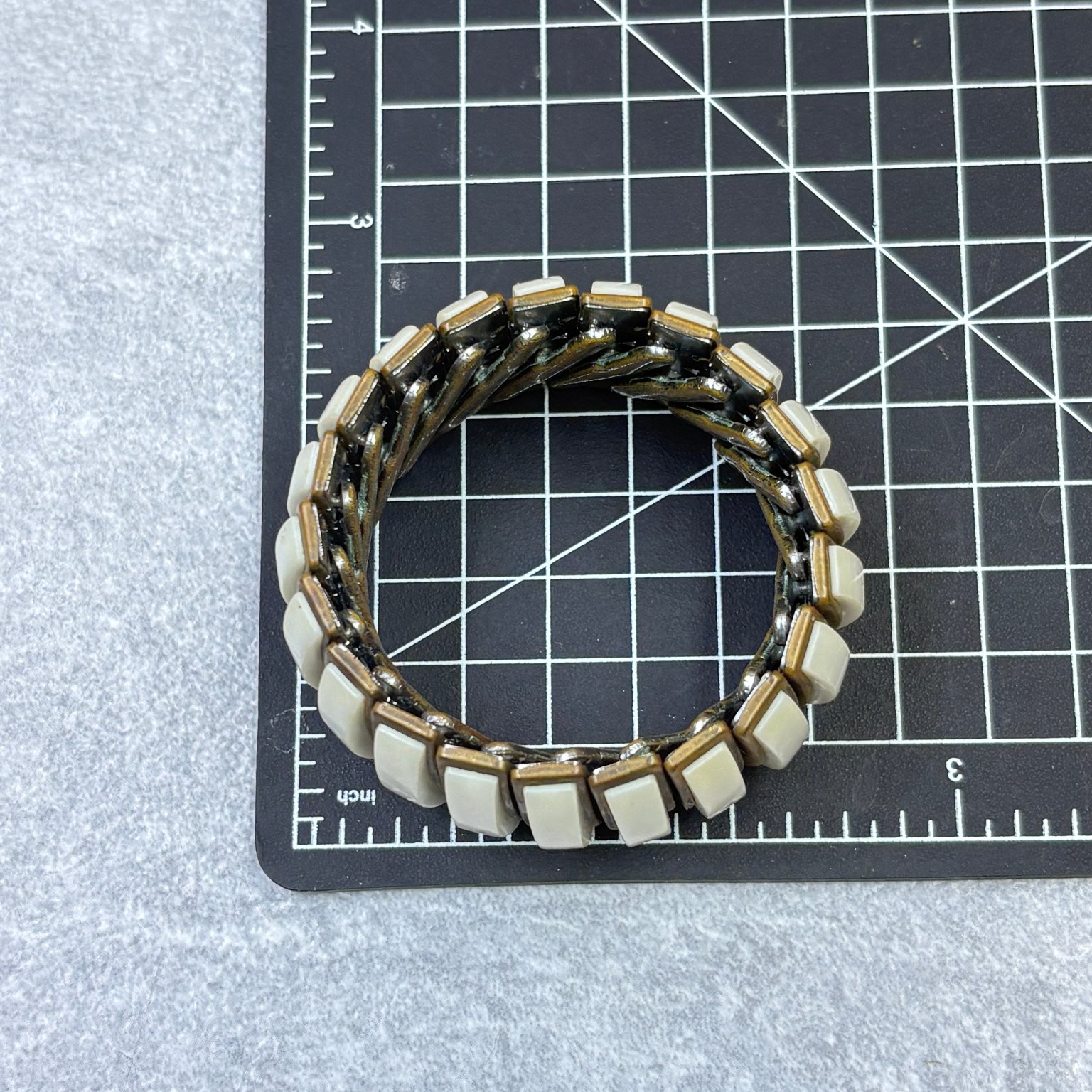 Stretch Panel Bracelet Cream Resin Bronze Tone Geometric Flexible