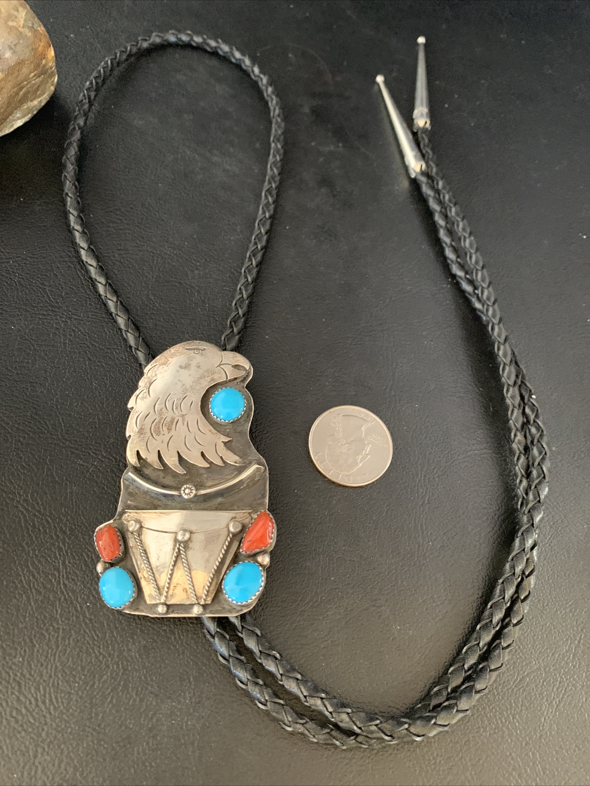 Eagle Head Bolo Tie Mens Blue Kingman Turquoise Coral Sterling Navajo 13670