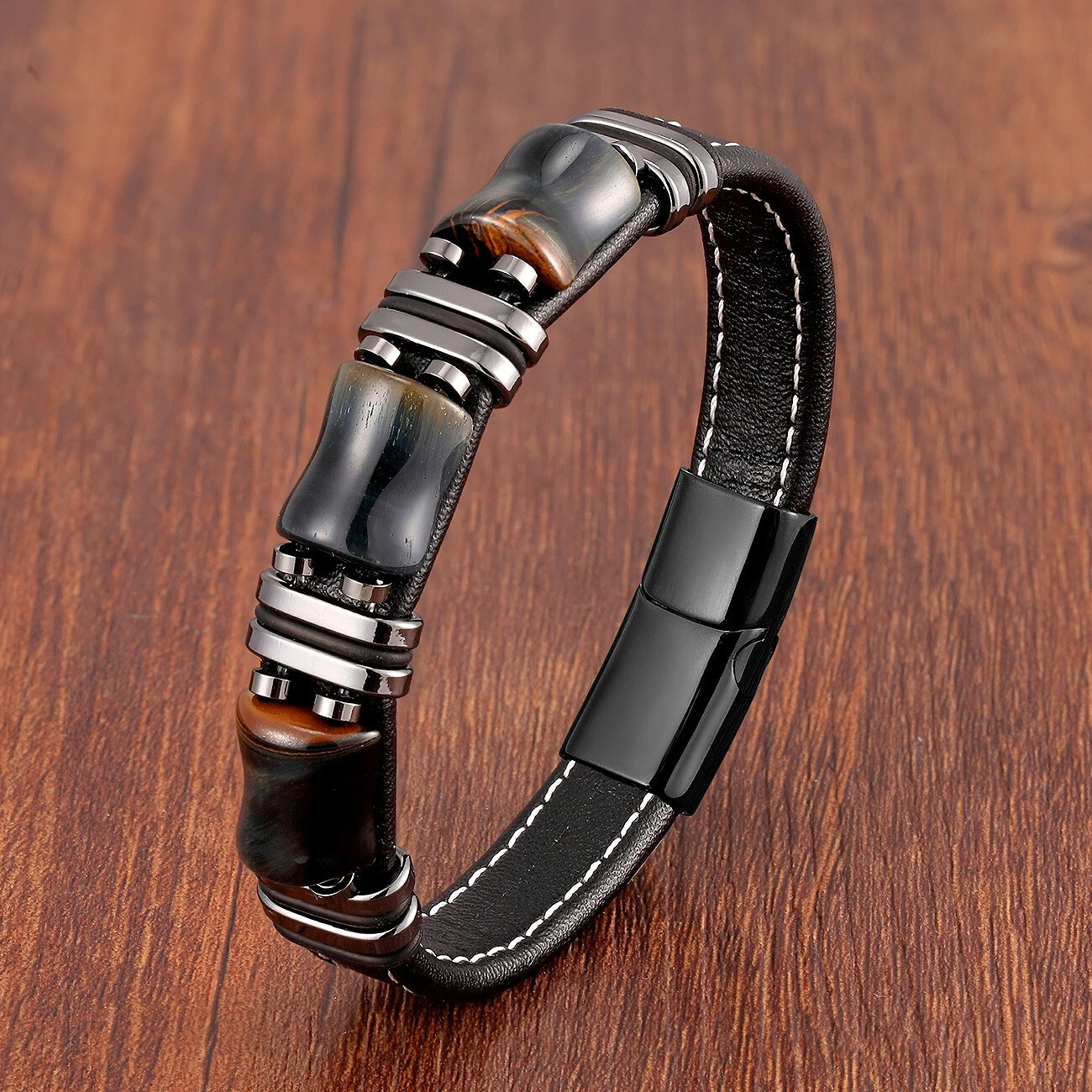 Pulsera De Acero Inoxidable Con Piedra Ojo De Tigre Para Hombre Cadena De Cuero