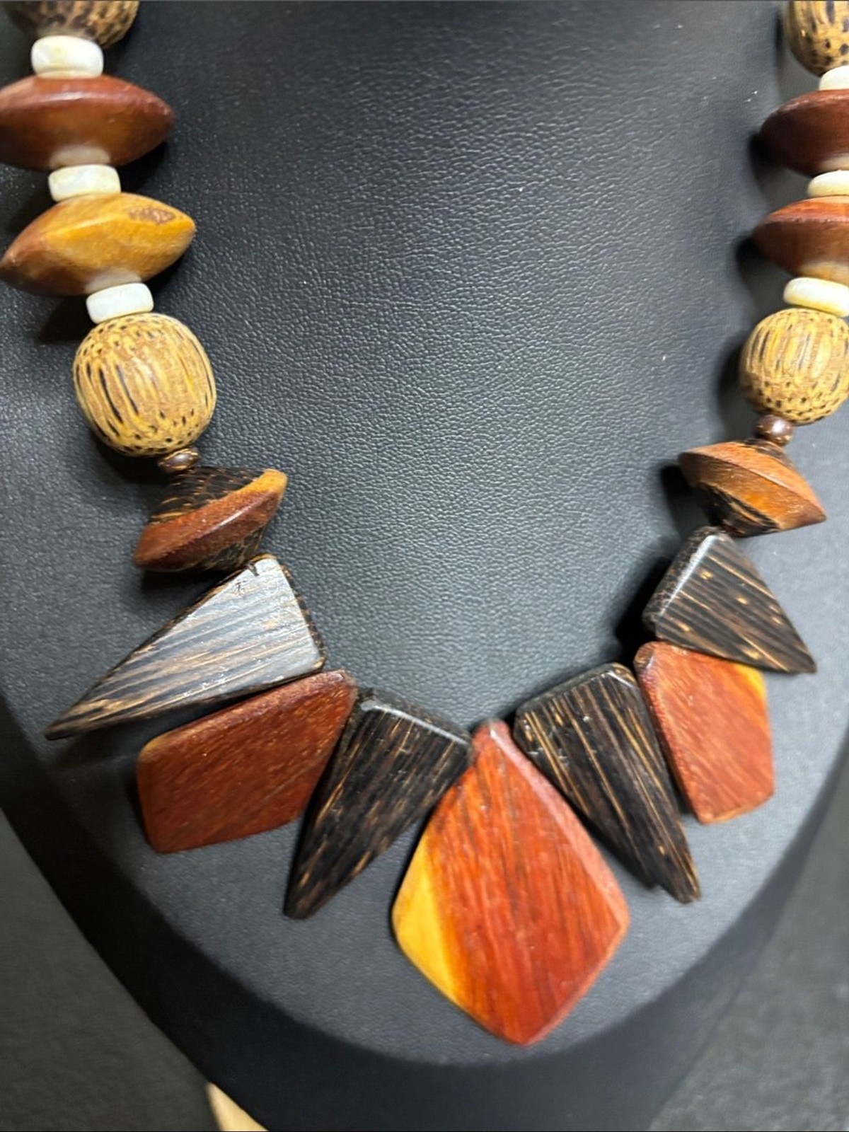 Boho Handcrafted Wooden Statement Necklace Brown, Tan & Cream Jewelry