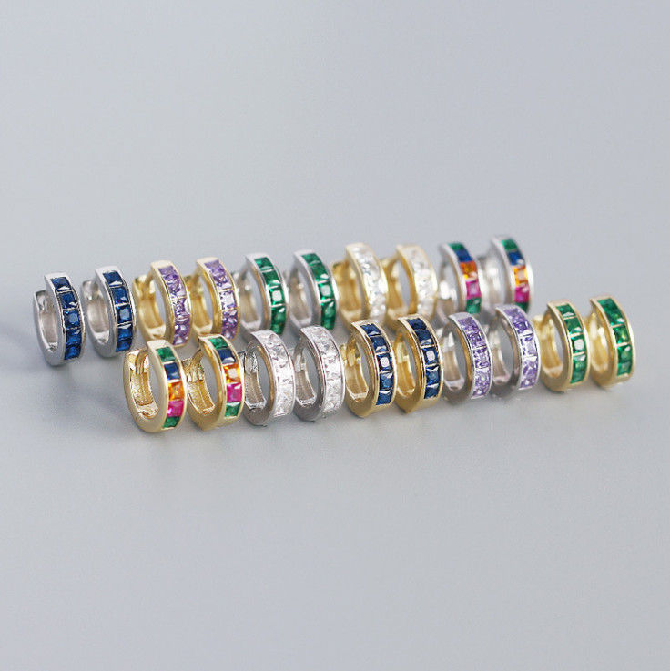 2Pcs 925 Silver Gold Plated Small Round Huggie Hoop Earrings Square CZ 12mm E19
