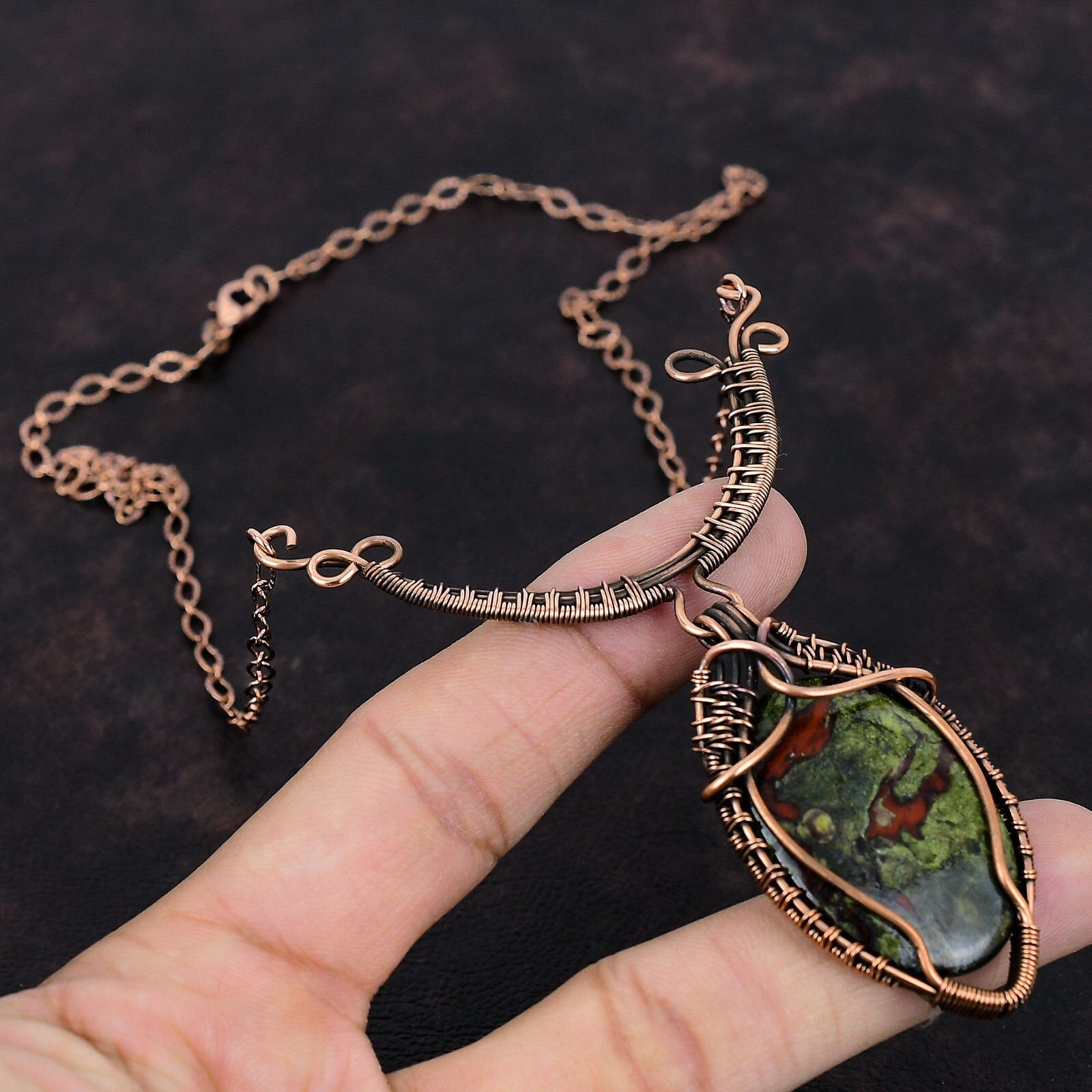 Gift For Her Dragon Bloodstone Wire Wrapped Necklace Adjustable Copper 18.0″
