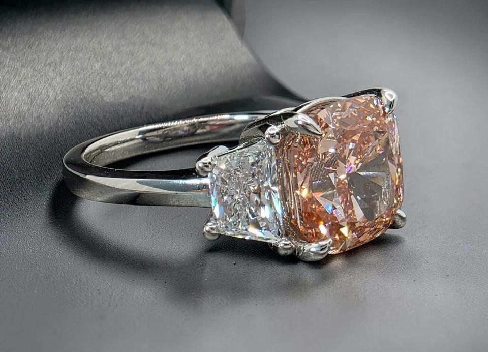 5.04 Ct Lab Grown Vivid Pink Diamond Ring Cushion Cut 3 Stone Ring White Gold
