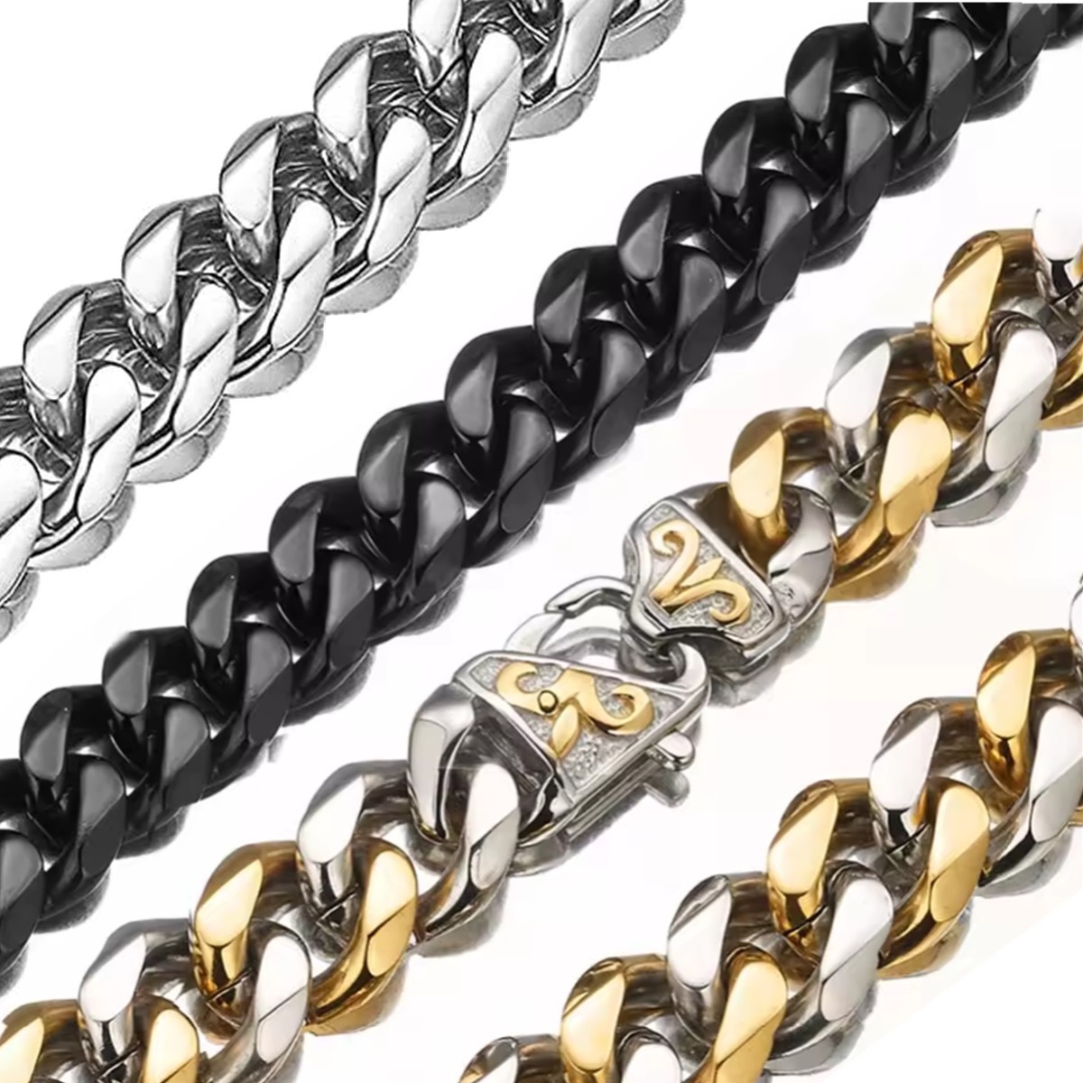 Men’s Black/Silver/Gold Stainless Steel Curb Cuban Link Chain Necklace 16″-40″