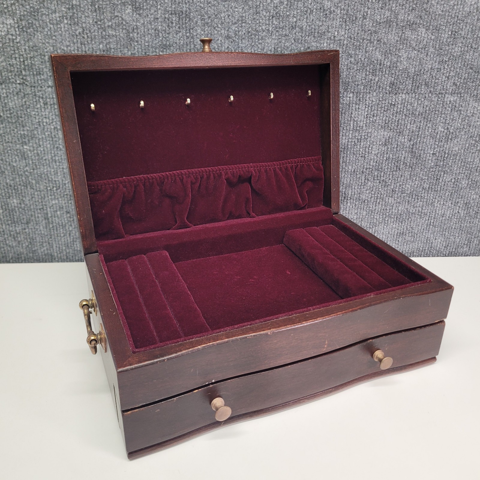 VTG Eureka Mfg Co Wood Jewelry Box Brown Burgundy Velvet Brass Hardware Drawer