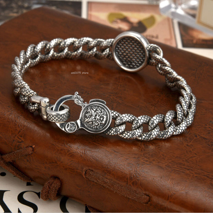 Solid Sterling Silver 925 Metal Purity Bracelet Dragon Head Curb Link Chain