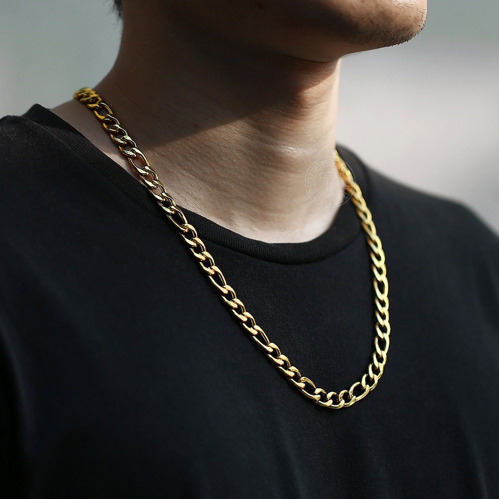 3/5/7/9mm Gold Plated Stainless Steel Figaro Chain Necklace Men Women 16-30″