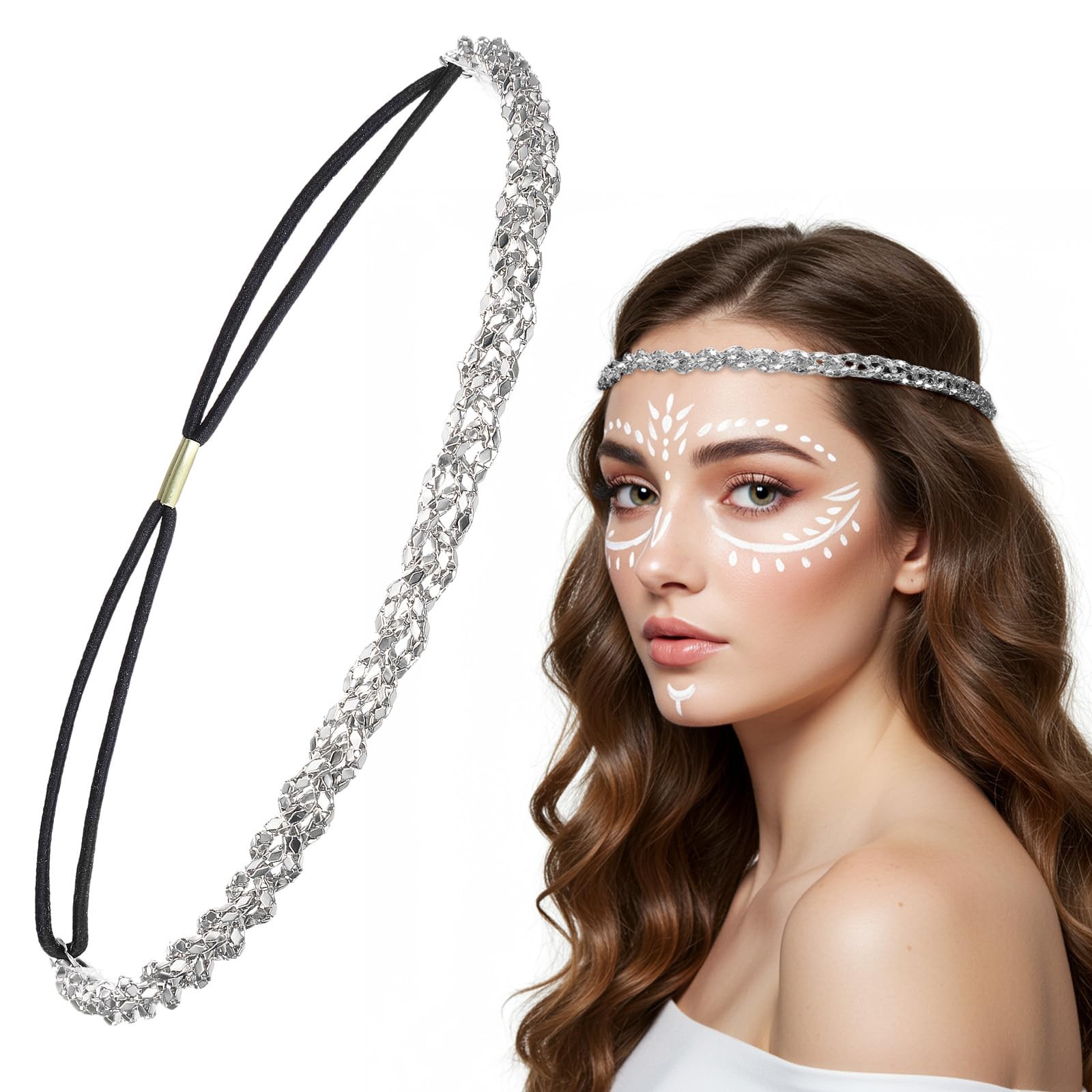 LXUEJIE Silver Sparkly Hairbands, Elastic 1 Count (Pack of 1),