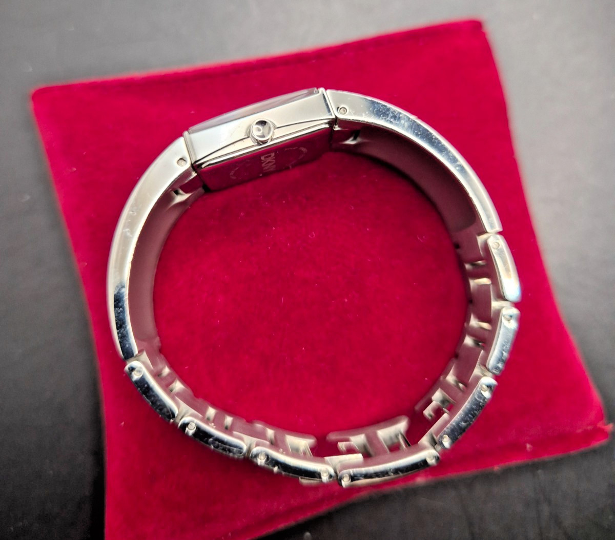 DKNY Ladies Rectangular Case Crystal Studded Semi Bangle Watch-VGC/Working