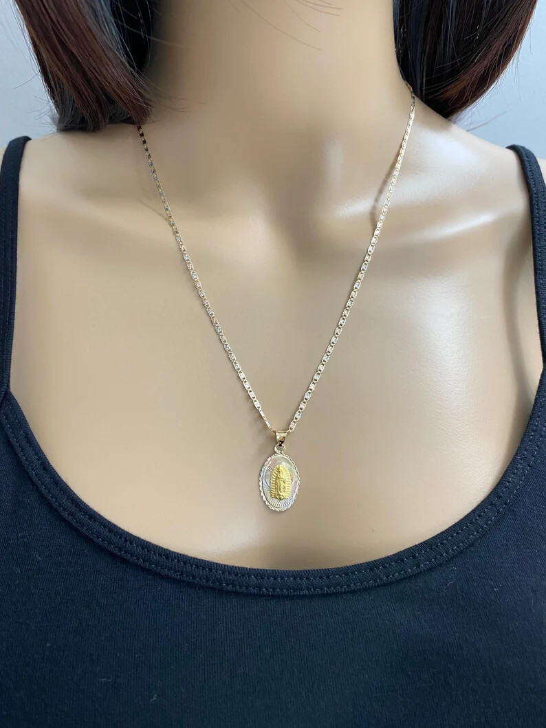 14K Solid Gold Virgin Mary 25mm Pendant Necklace 14K Gold Virgin Guadalupe-PT323
