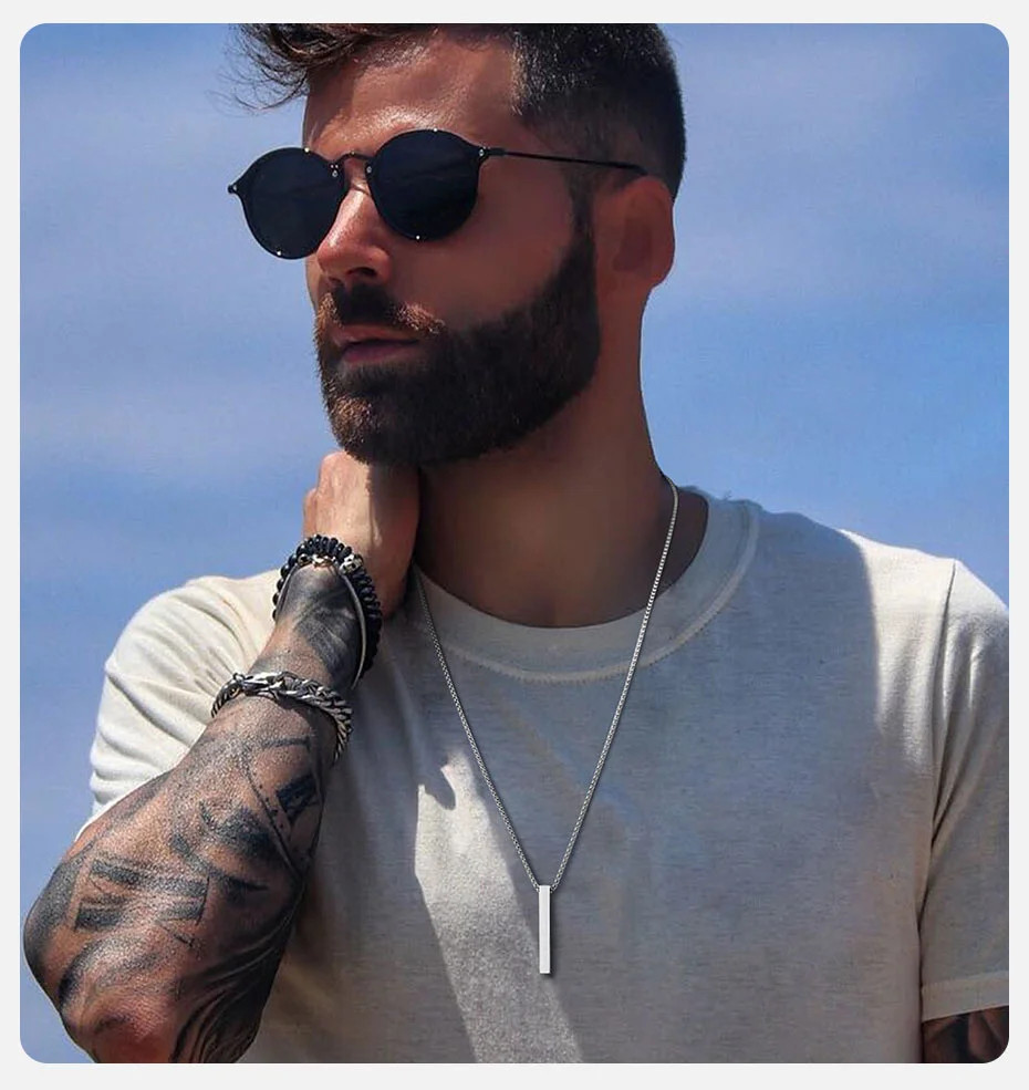 5mm Stainless Steel 3D Bar Pillar Pendant Necklace Men Women Unisex Casual