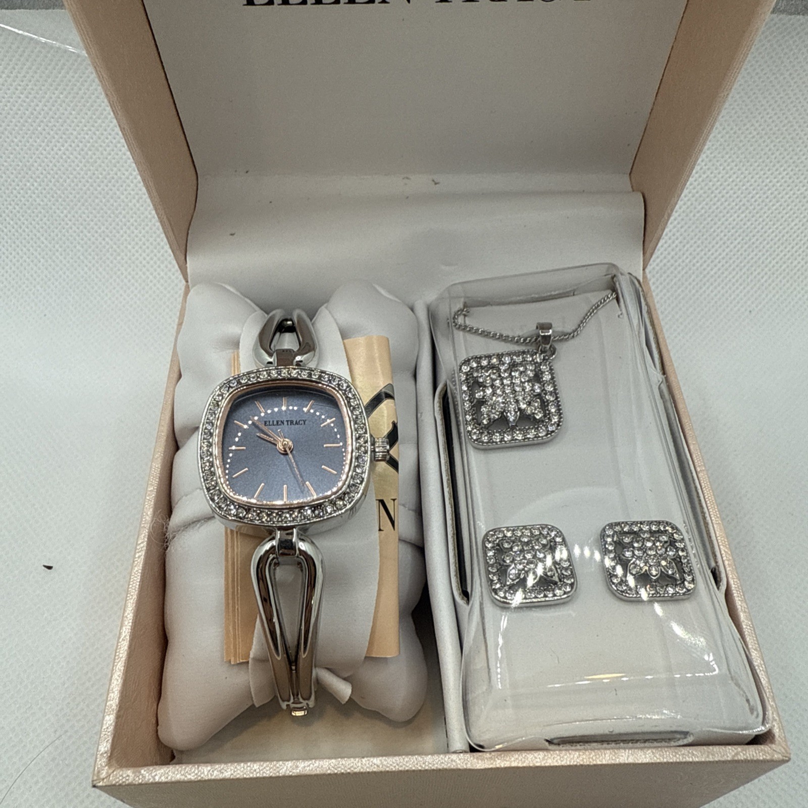 Women’s Ellen Tracy Quartz Rose Gold Dial Watch With Necklace+ Pierced Earrings