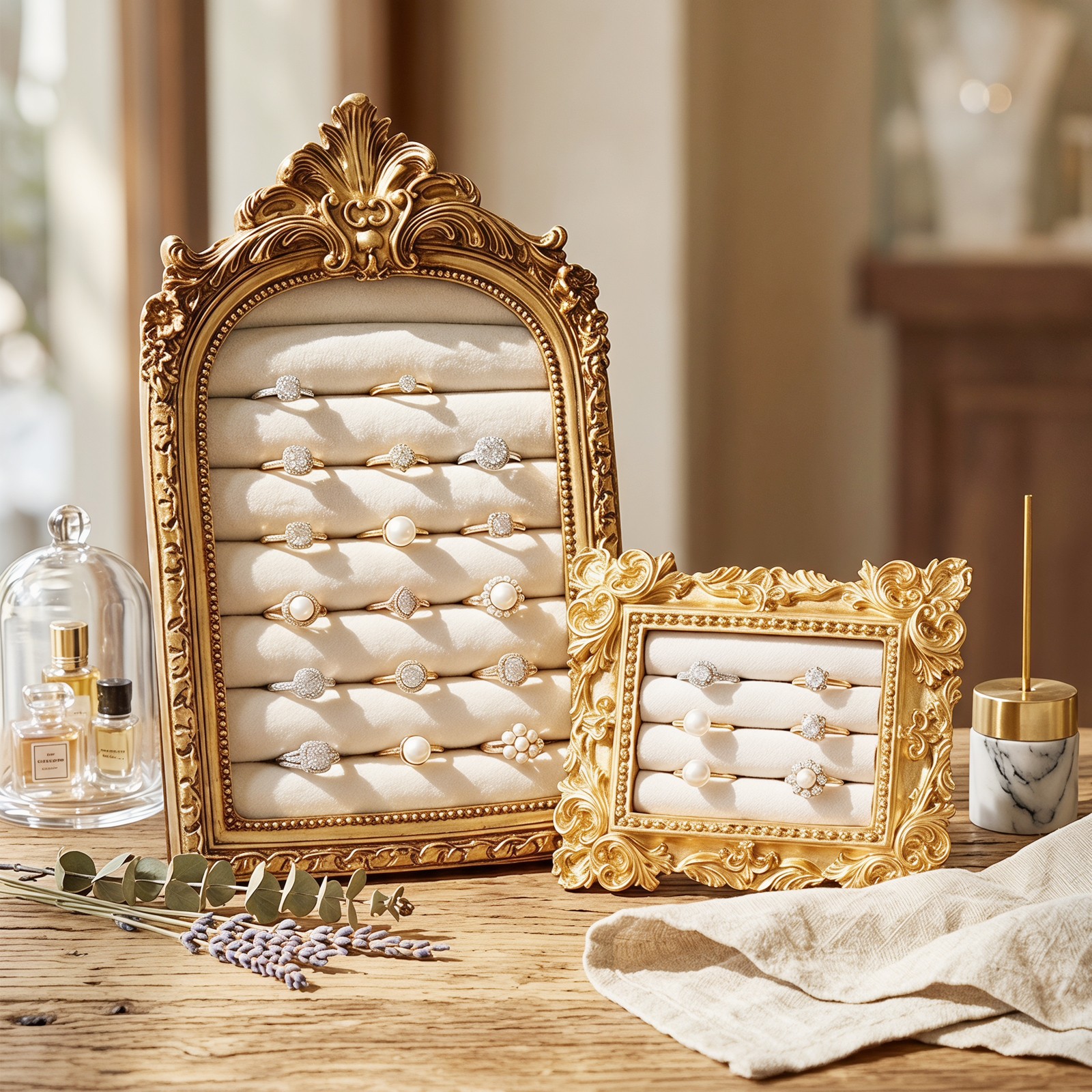 Vintage Ring Holder Arch Gold Ring Wedding Display Suede Jewelry Box Stand Frame