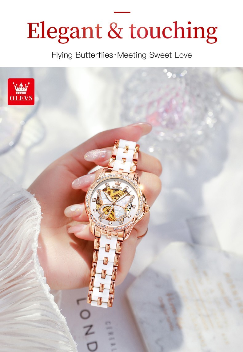 OLEVS 6622 Leather Ceramic Hollow Out Women Dress Mechanical Automatic Watch