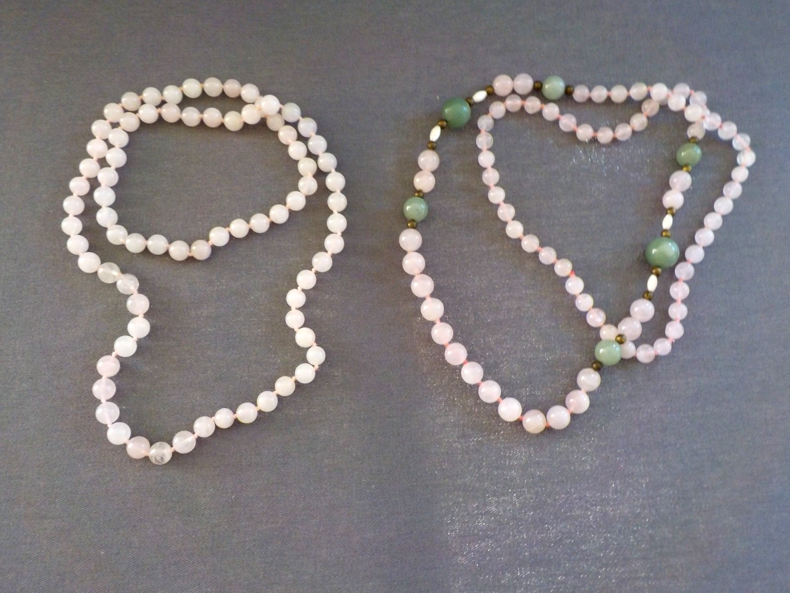 Light Pink Quartz & Green Stone (2) Single Strand Necklace Knotted Bead No Clasp