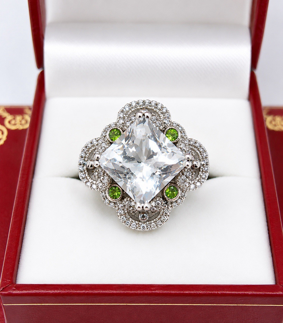 Sterling Silver White Topaz Chrome Diopside Multi Gemstone Modern Deco Ring 7