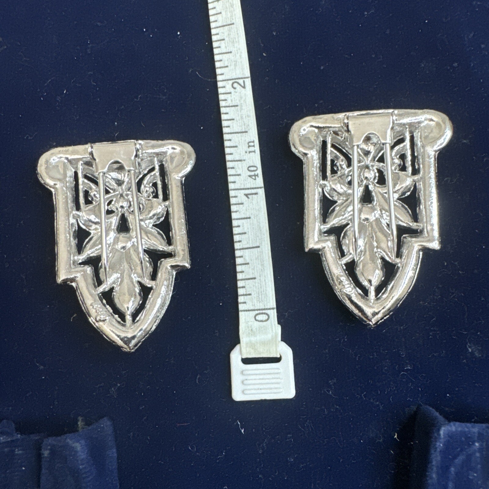 Coro Duette 1940’s Set Of Two Floral Fur Clips Silver Tone Clear Rhinestones